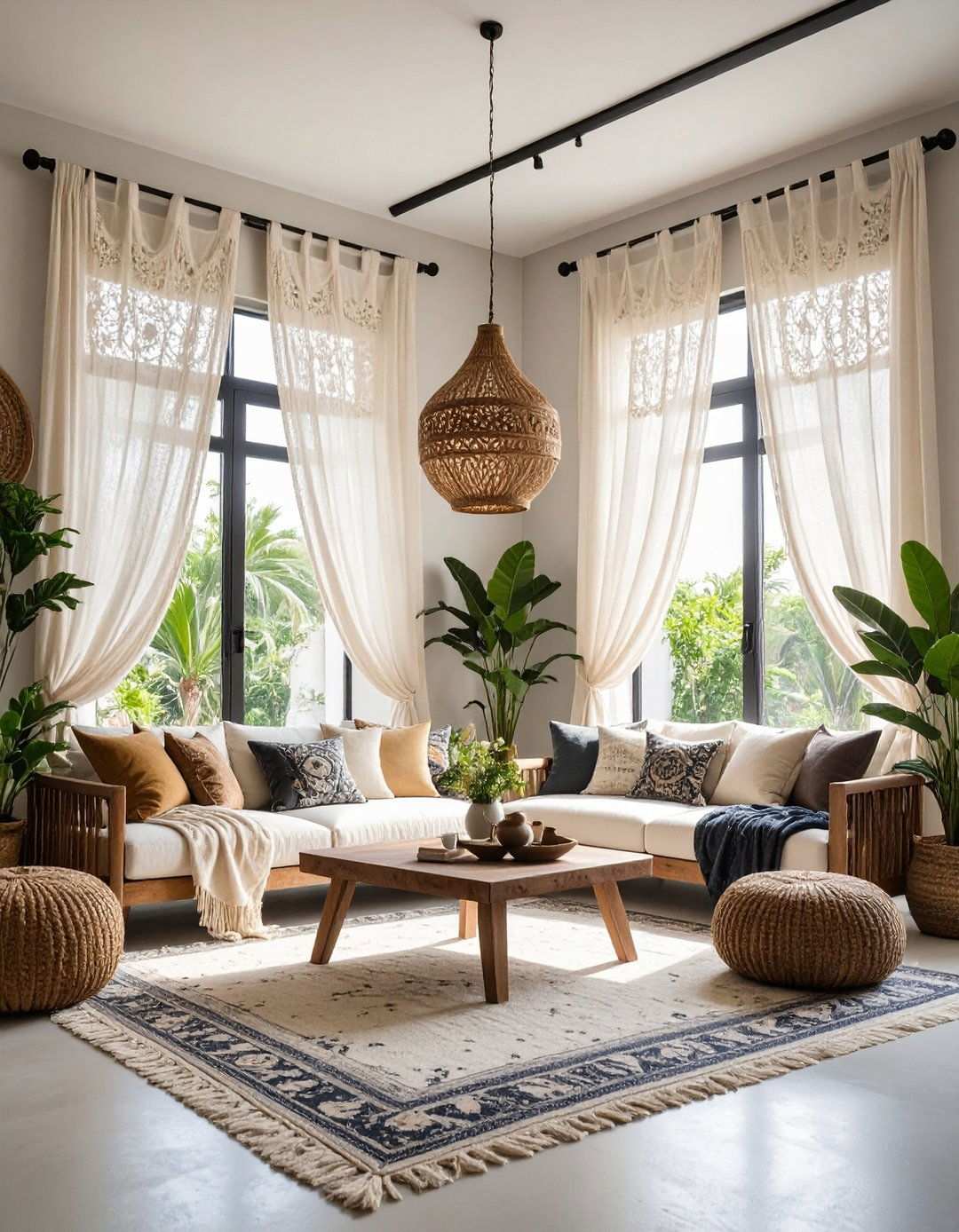 Use Layered Window Treatments for Soft Black and White Boho Light Control - 20 Black and White Boho Living Room Ideas