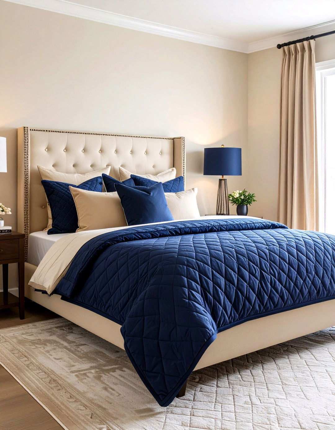 Use Navy Pops for Transitional Style - 20 Beige Bedroom Ideas