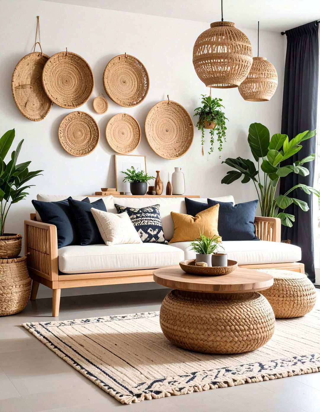 Use Woven Baskets for Storage in a Black and White Boho Living Room - 20 Black and White Boho Living Room Ideas