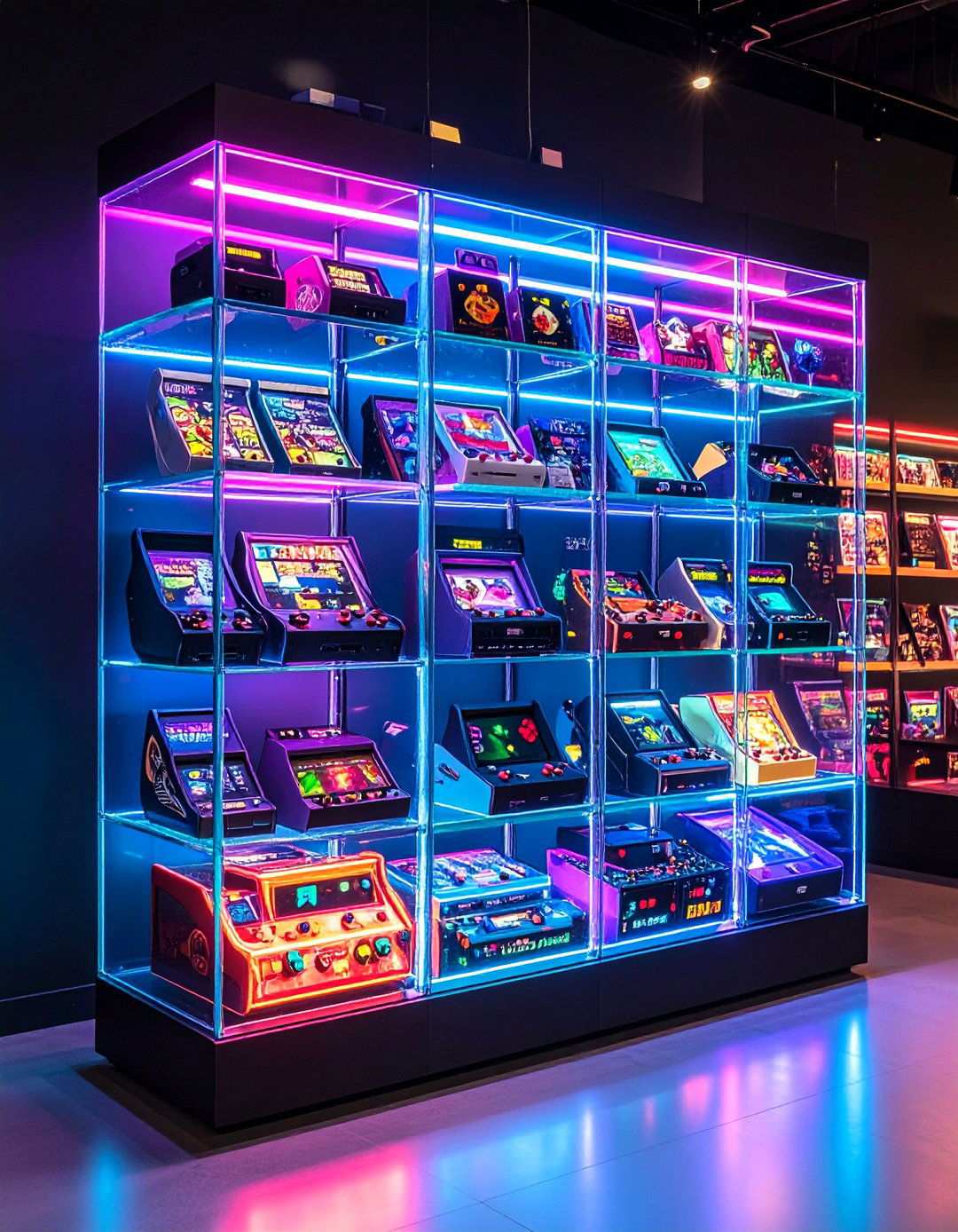 UV Lit Display Cases Spotlight Collectibles in a Black Gaming Room - 20 Black Gaming Room Ideas