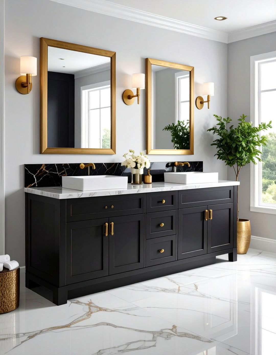 Veined Marble Vanity Statement - 20 Black and Gold Bathroom Ideas
