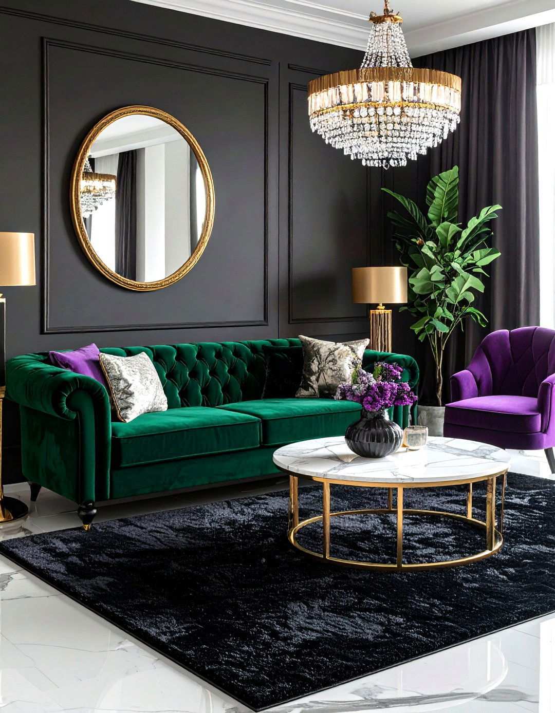 Velvet Luxe Over Dark Foundations - 20 Black Carpet Living Room Ideas