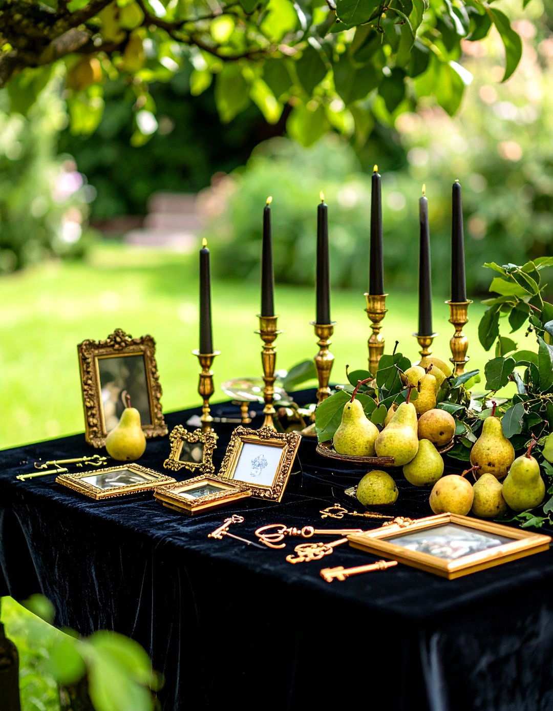 Velvet Runner Object Cluster Centerpiece - 20 Black and Gold Centerpiece Ideas