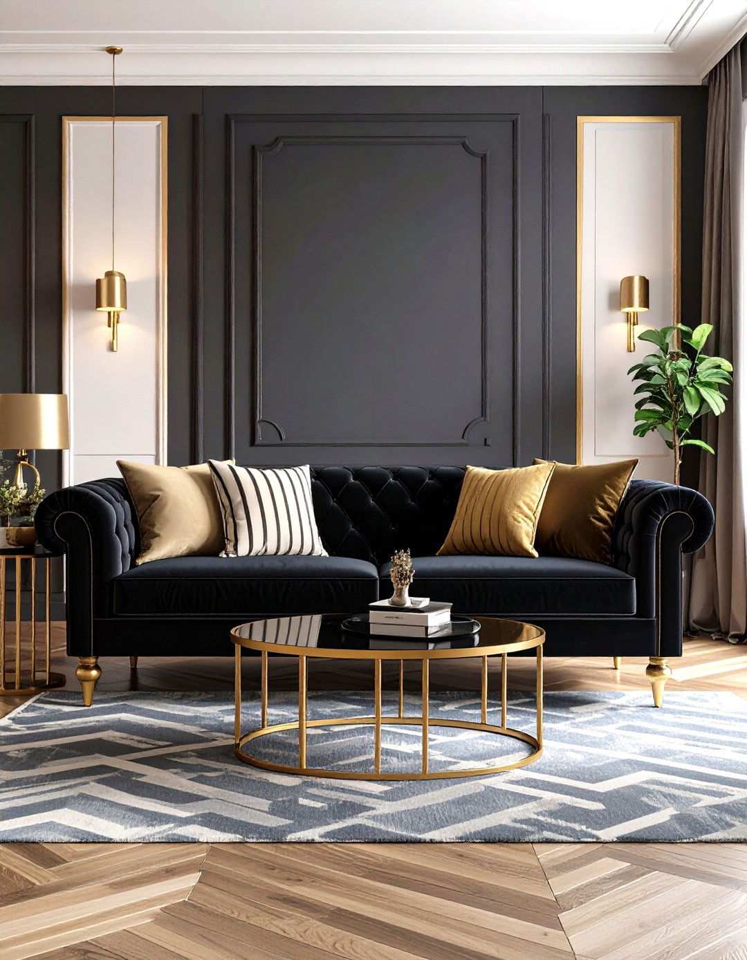 Velvet Sofa with Gold Legs for Living Room Luxe - 20 Black and Gold Living Room Ideas