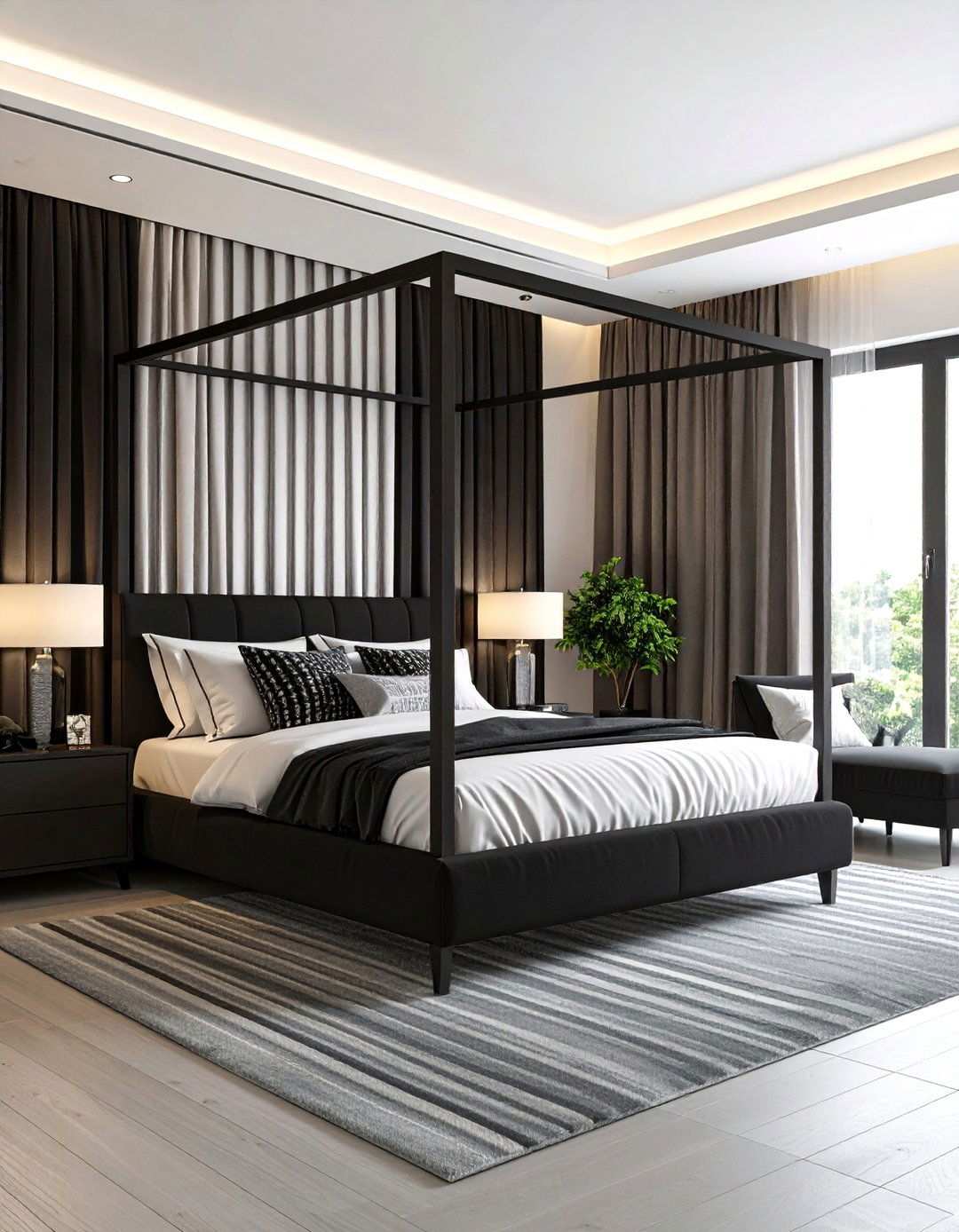 Vertical Black and Silver Stripes for Dramatic Height - 20 Black and Silver Bedroom Ideas