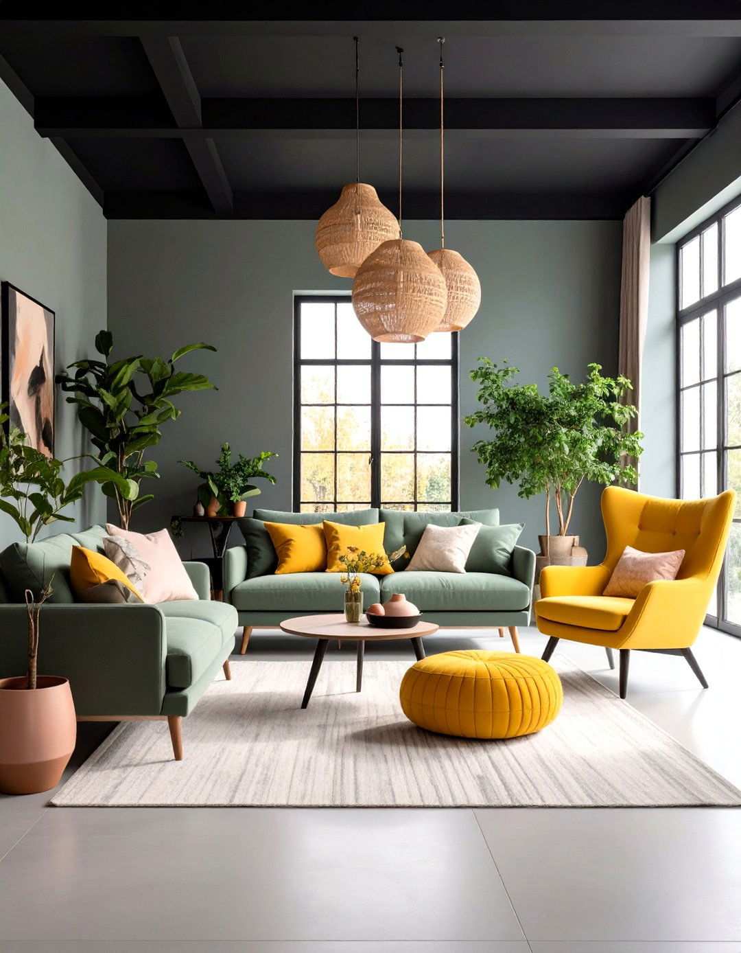 Vibrant Color Pops Against Neutrals - 20 Black Ceiling With Grey Walls