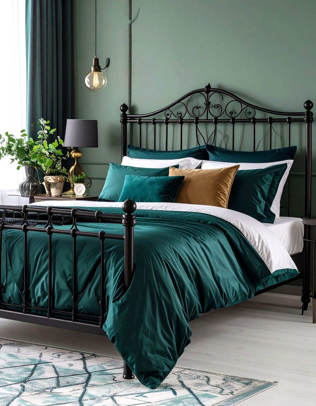 Vintage Black Iron Bedframe Twist - 20 Black and Green Bedroom Design Ideas