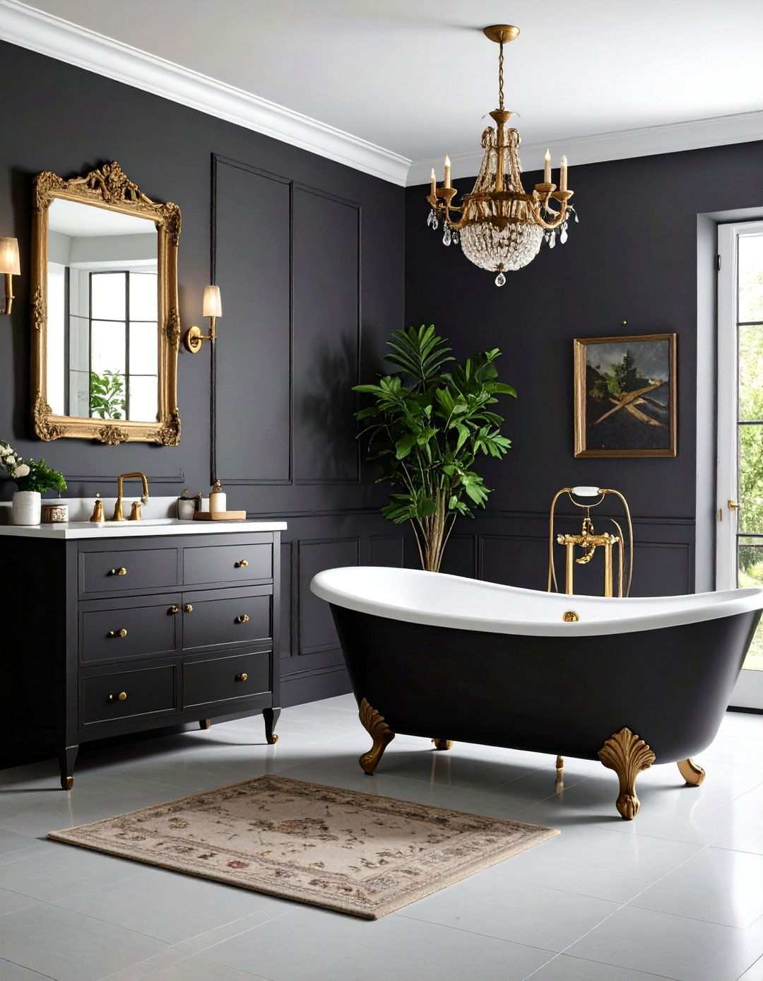 Vintage Brass Against Matte Ebony - 20 Black Bathroom Ideas
