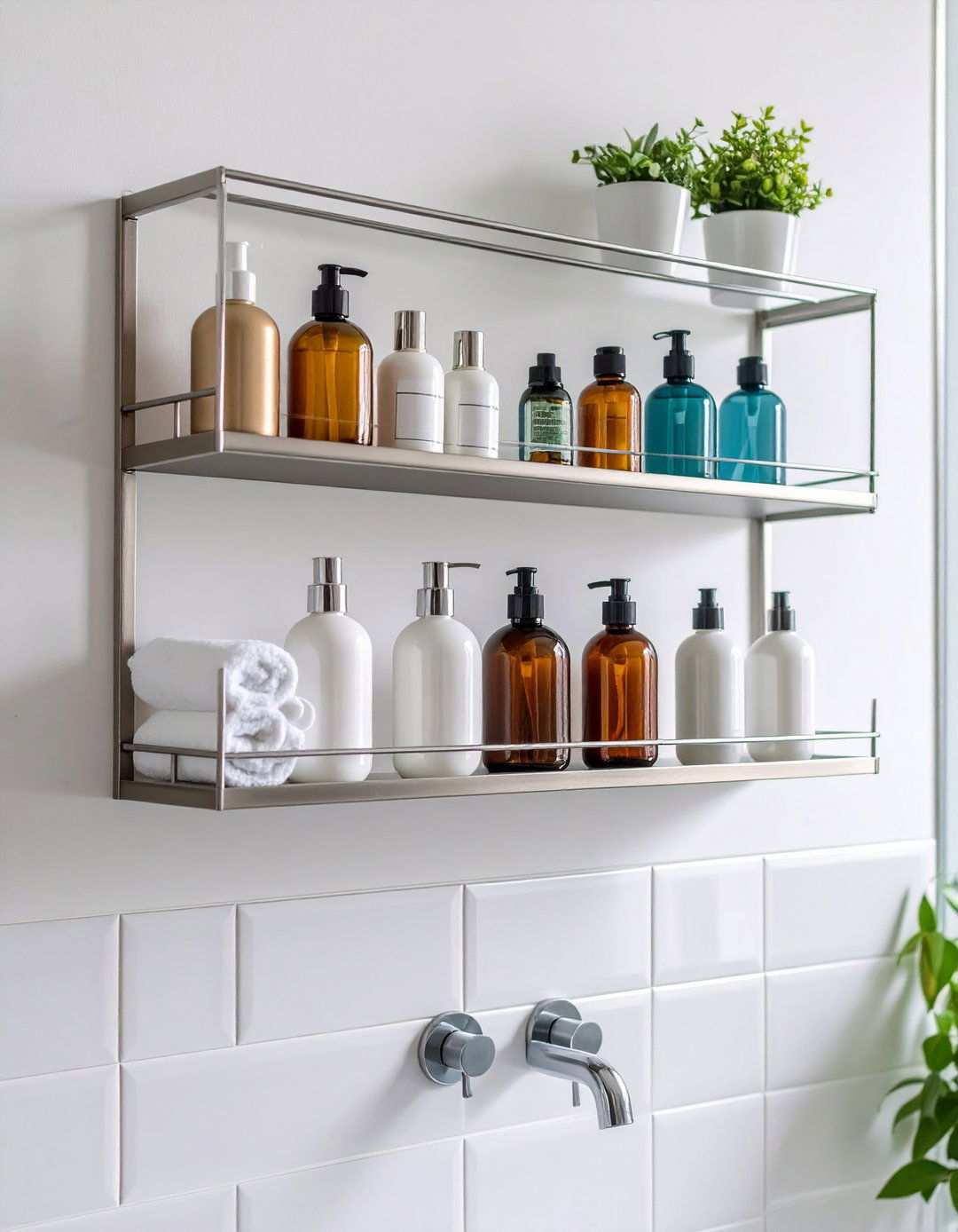 Wall Shelves Float Above the Bathroom Counter to Free Up Surface Space - 20 Bathroom Counter Organization Ideas