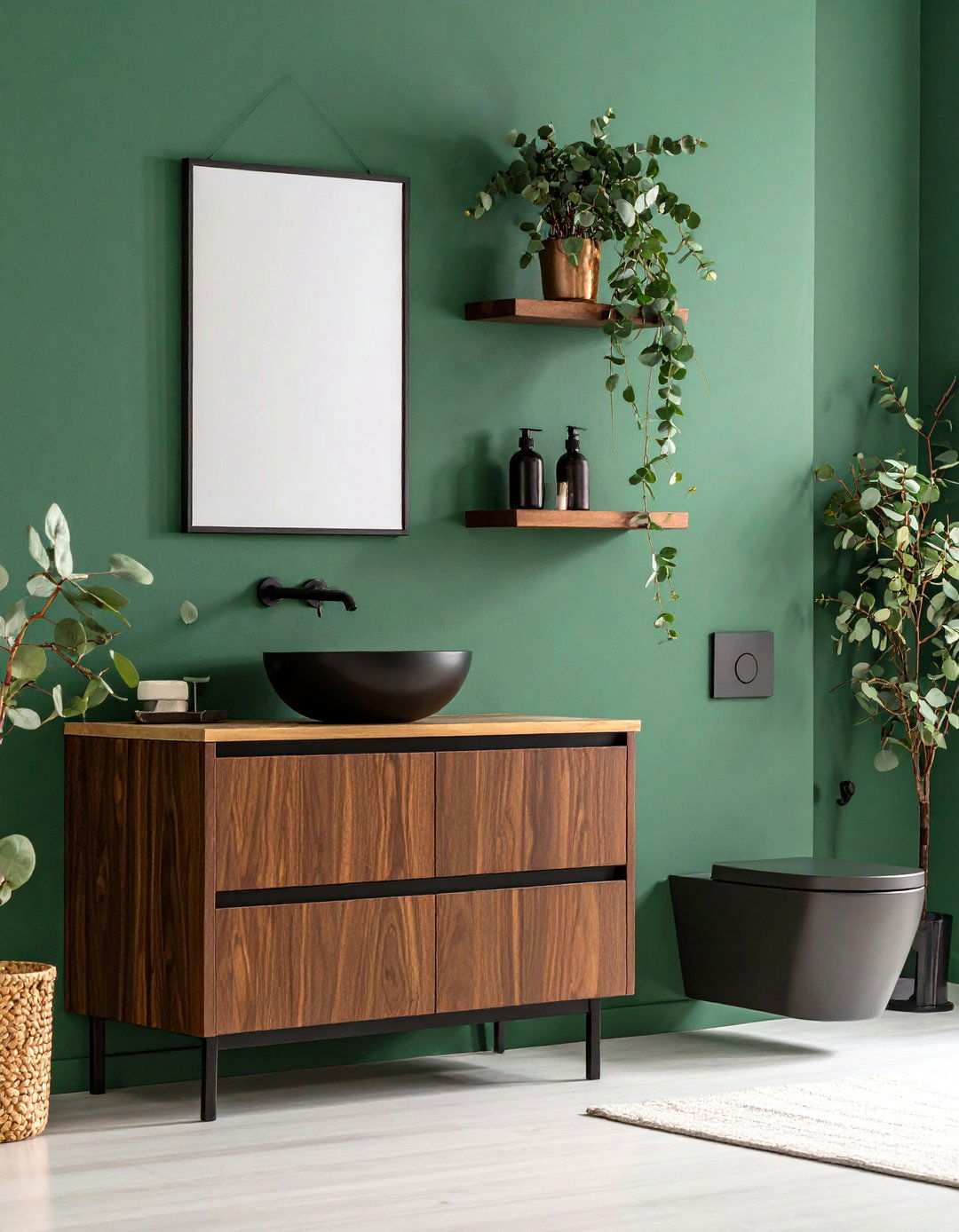 Walnut Vanity Offsets Moss Paint and Black Handles - 20 Black and Green Bathroom Ideas