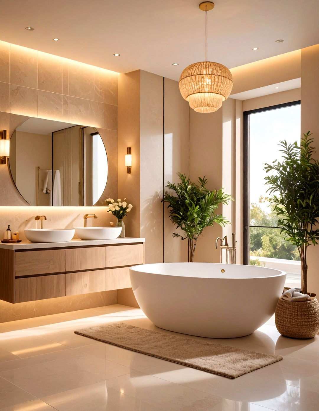 Warm Lighting Sets Beige Bathroom Mood - 20 Beige Bathroom Ideas