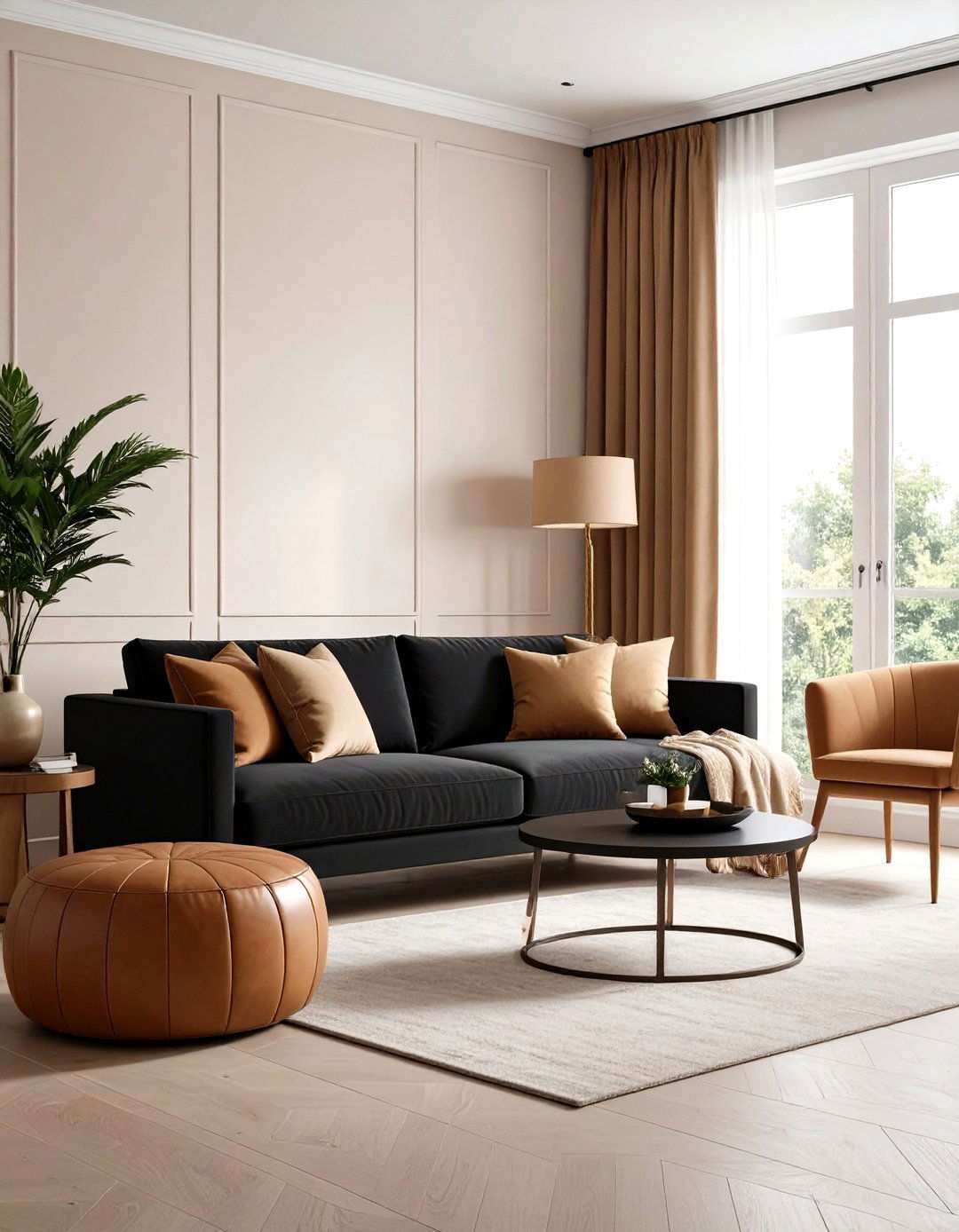 Warm Neutral Surrounds for a Black Couch - 20 Black Couch Living Room Ideas