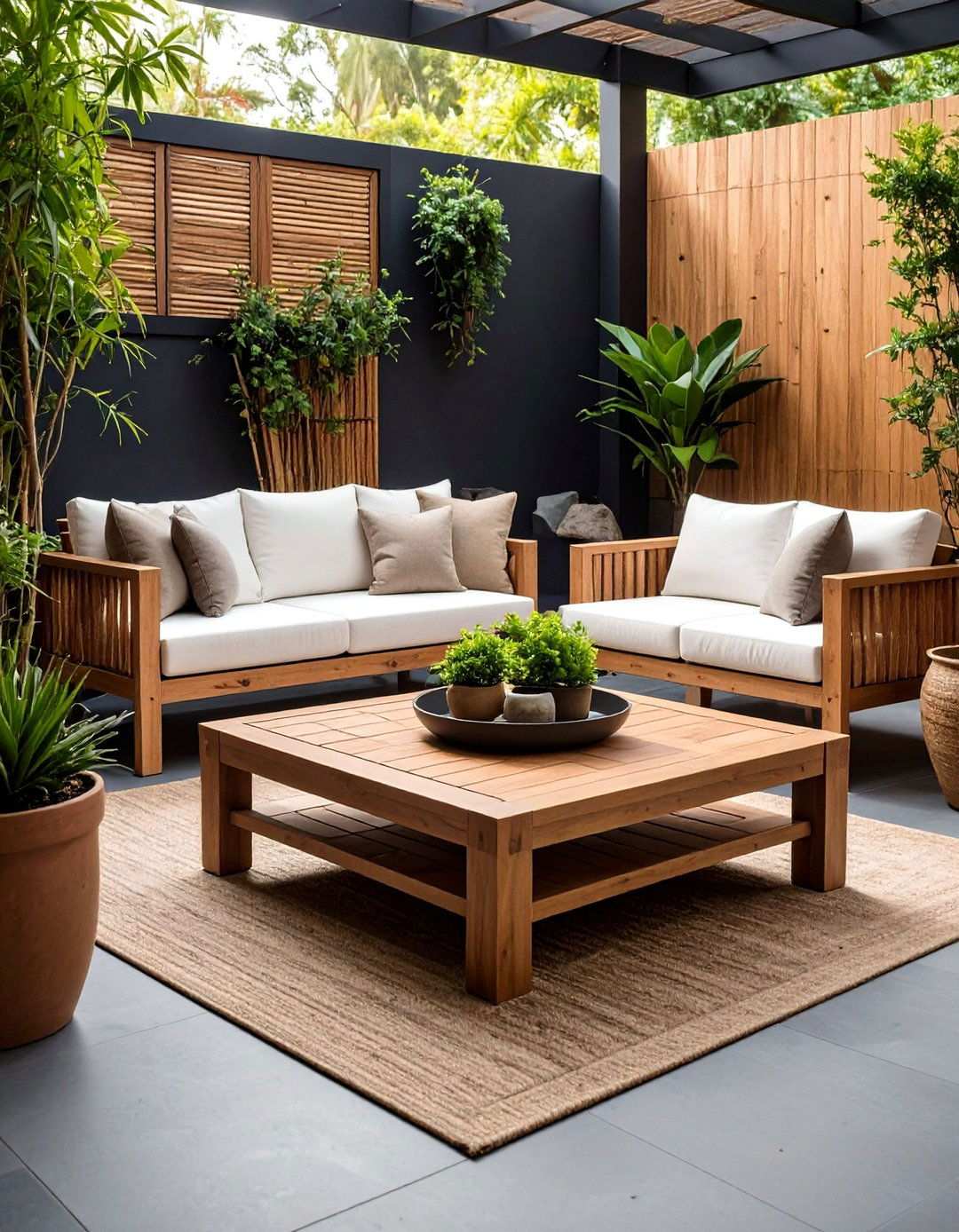 Warm Wood Accents Against High Contrast Hues - 20 Black and White Patio Ideas