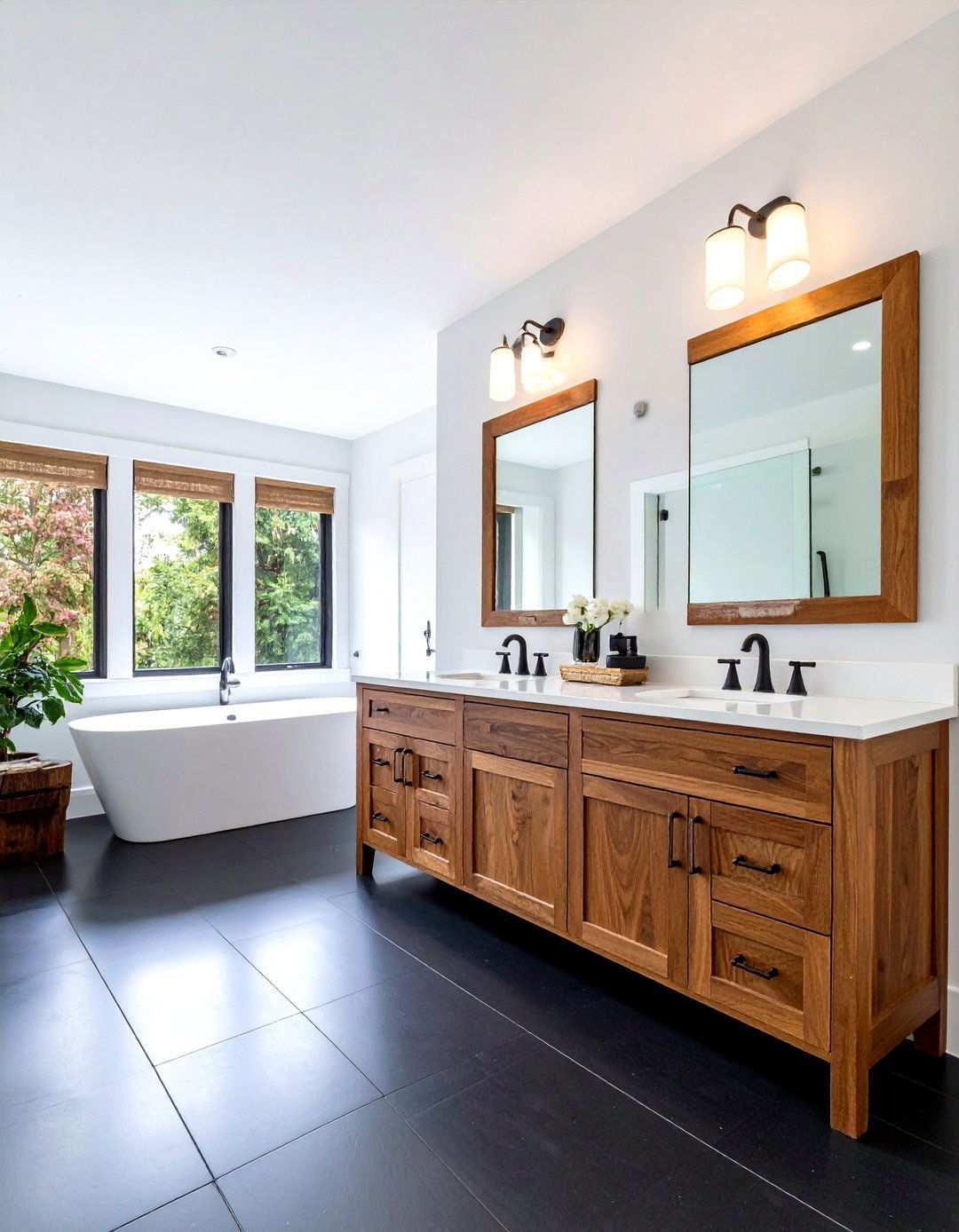 Warm Wood Vanities in a Black Floor Bathroom - 20 Black Floor Bathroom With White Walls Ideas