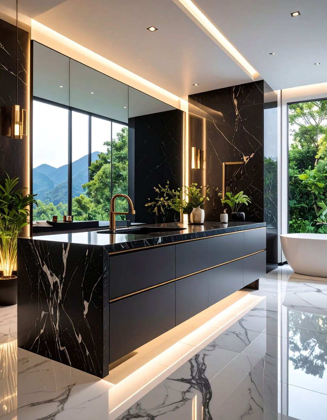 Waterfall Edge Bathroom Countertop in Black Granite - 20 Bathroom Countertop Ideas