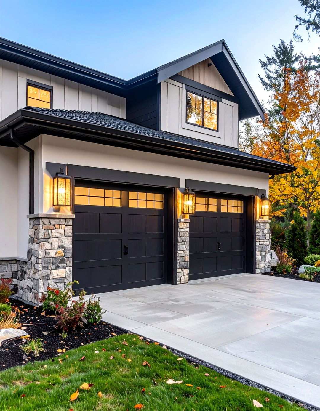 Weatherproof Black Exterior Sconces at the Entry - 20 Black Garage Ideas