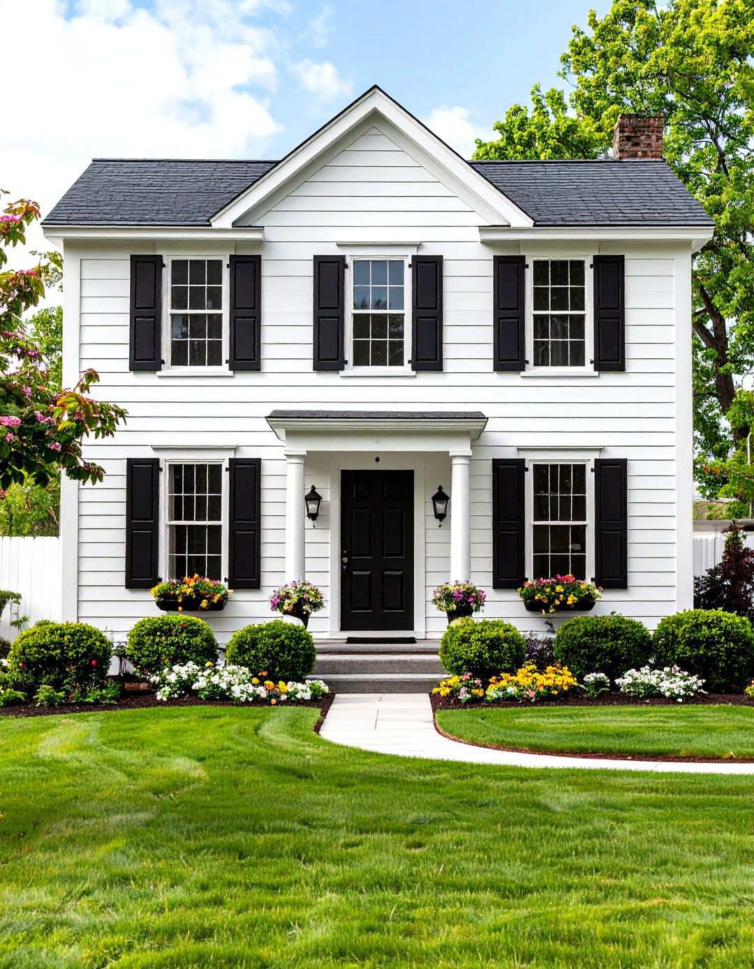 White Colonial Black and White House Exterior with Black Shutters - 20 Black and White House Exterior Ideas