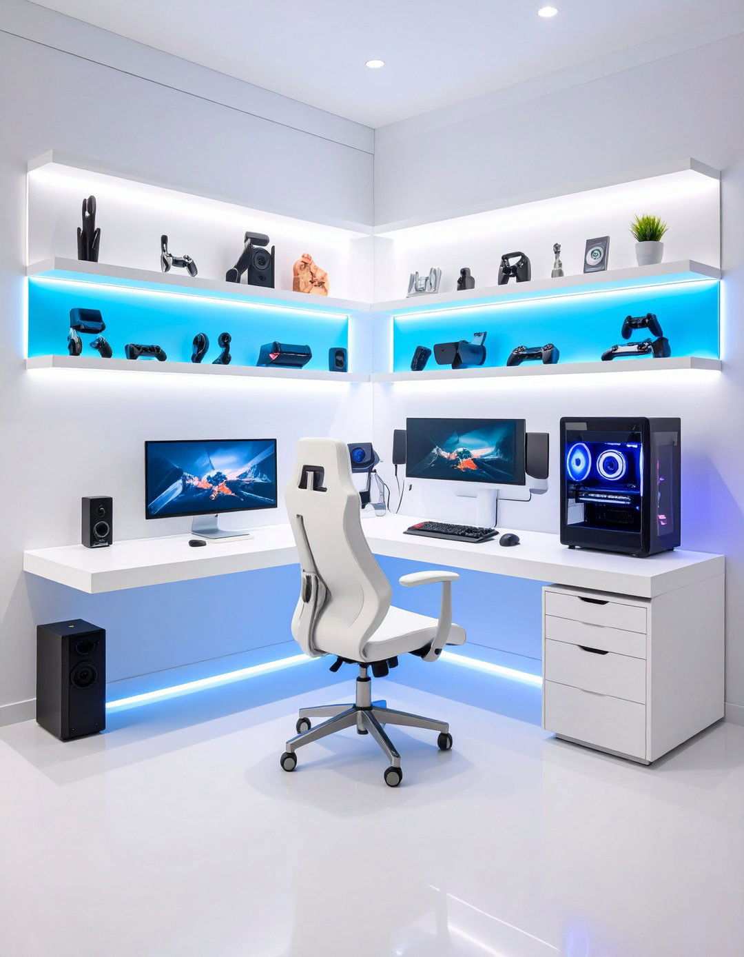 White Gaming Setup with Collectible Display Areas - 20 All White Gaming Setup Ideas