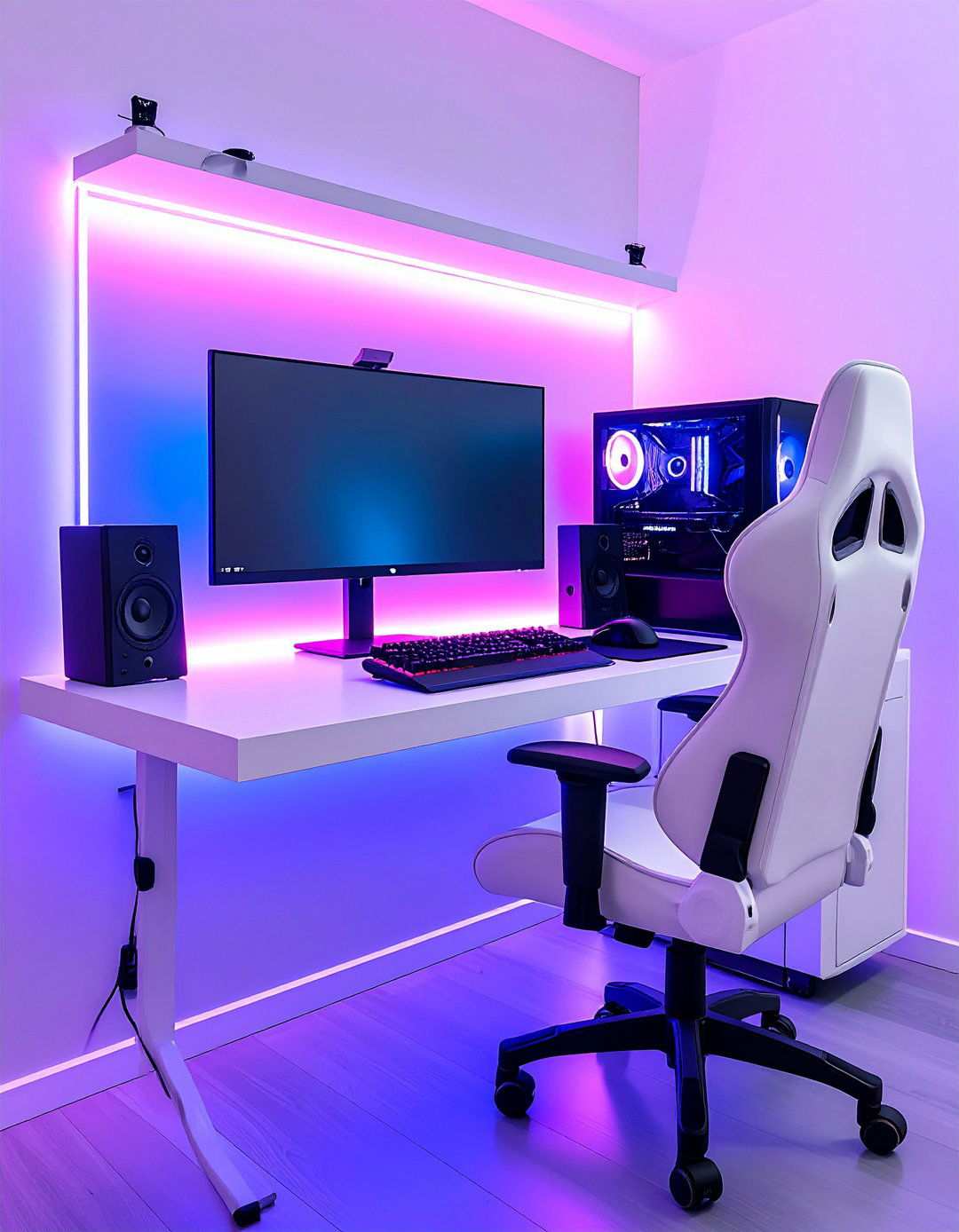 White Gaming Setup with Floating Desk Design - 20 All White Gaming Setup Ideas