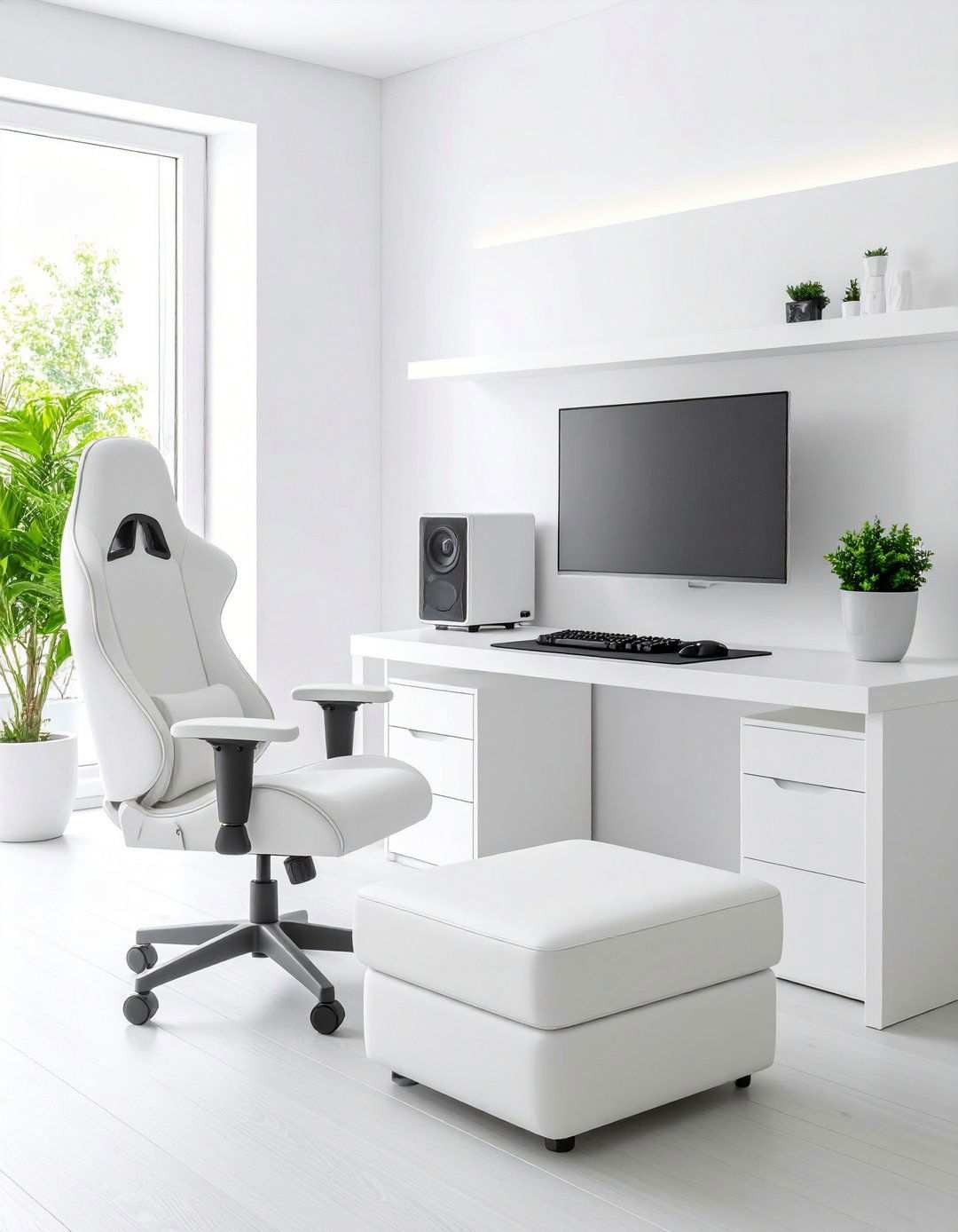 White Gaming Setup with Full Room Integration - 20 All White Gaming Setup Ideas