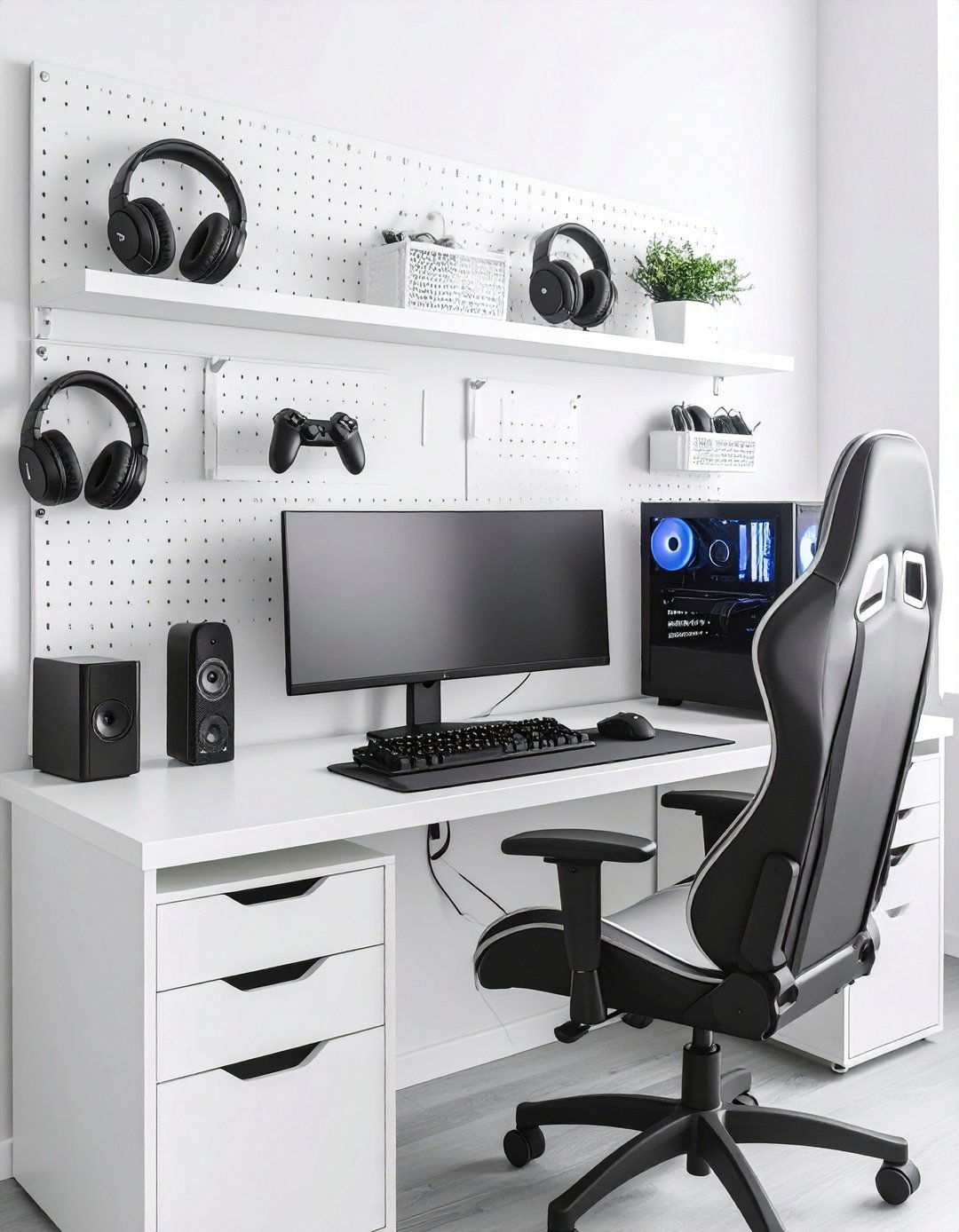 White Gaming Setup with Pegboard Organization - 20 All White Gaming Setup Ideas