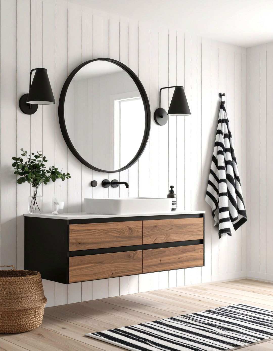 White Shiplap Walls Meet Black Framed Mirror - 20 Black and White Bathroom Ideas