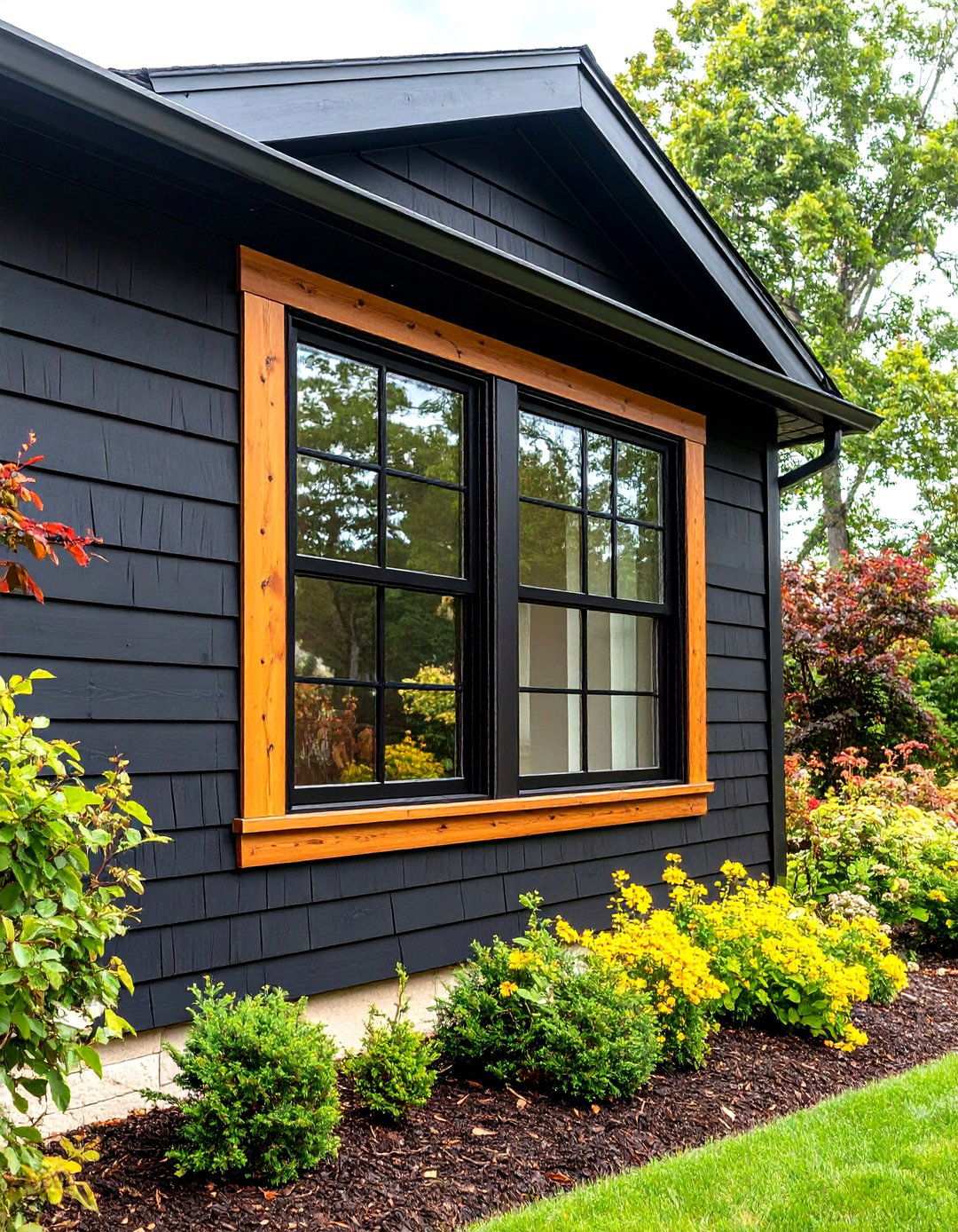 Wood Wrapped Window Trim Against Black Walls - 20 Black House With Wood Accents