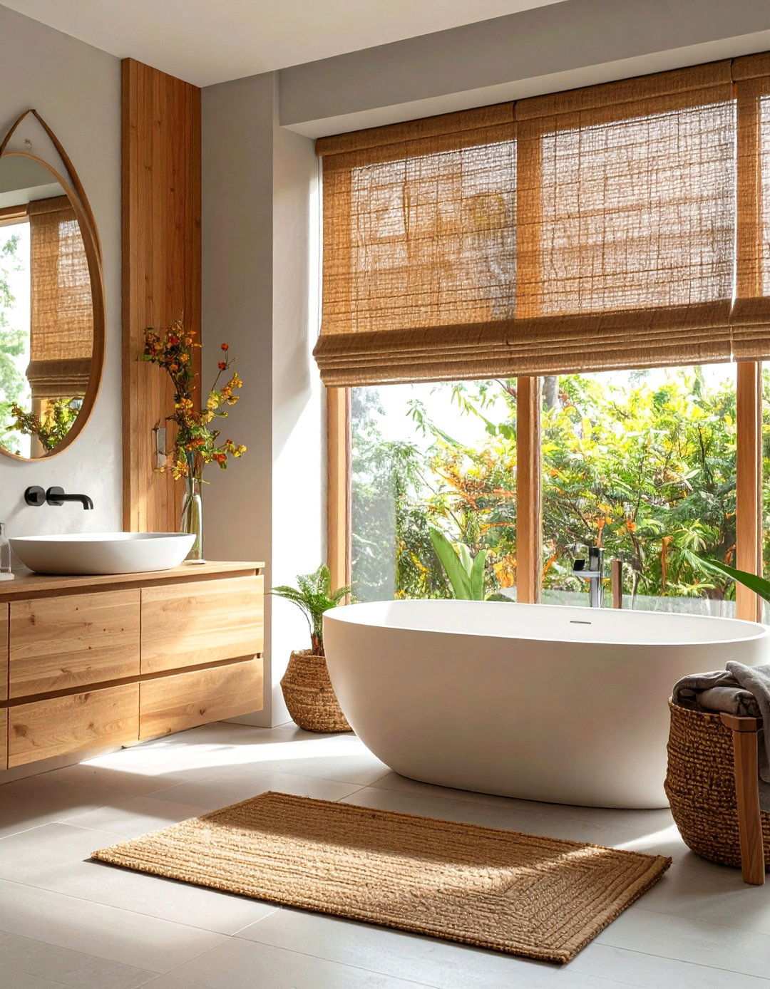 Woven Bamboo Shades Bring Organic Warmth - 20 Bathroom Window Treatment Ideas