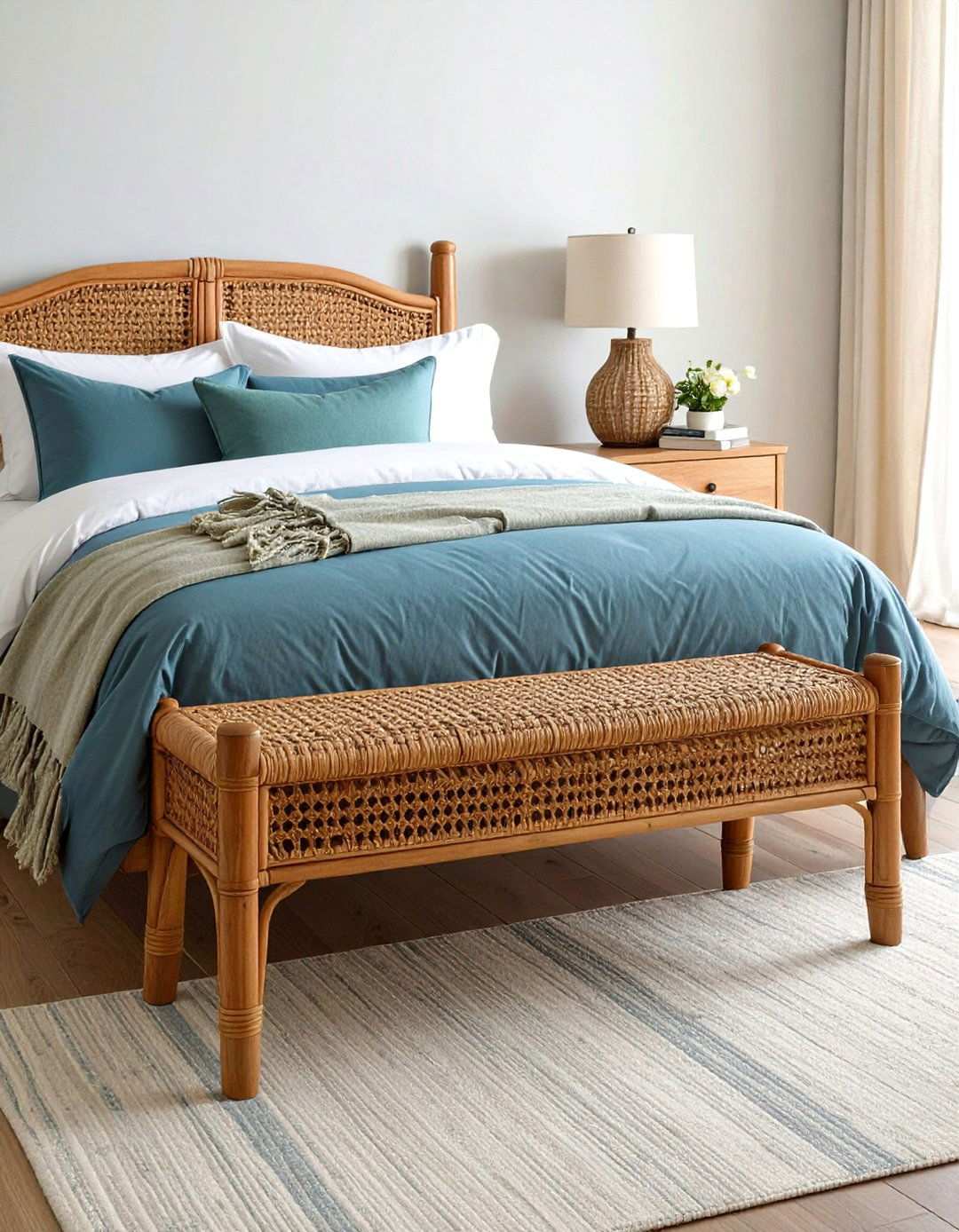 Woven Cane Bedroom Bench for Airy Boho Appeal - 20 Bedroom Bench Ideas