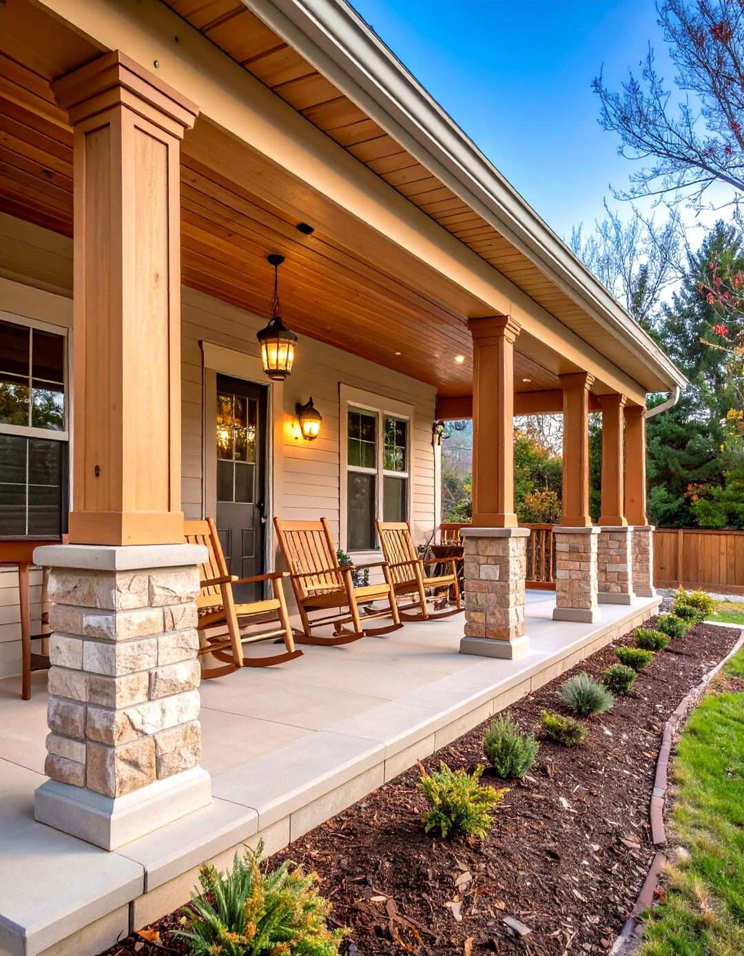 Wrapping Porches with Beige Brick Columns - 20 Beige Brick Exterior Home Ideas